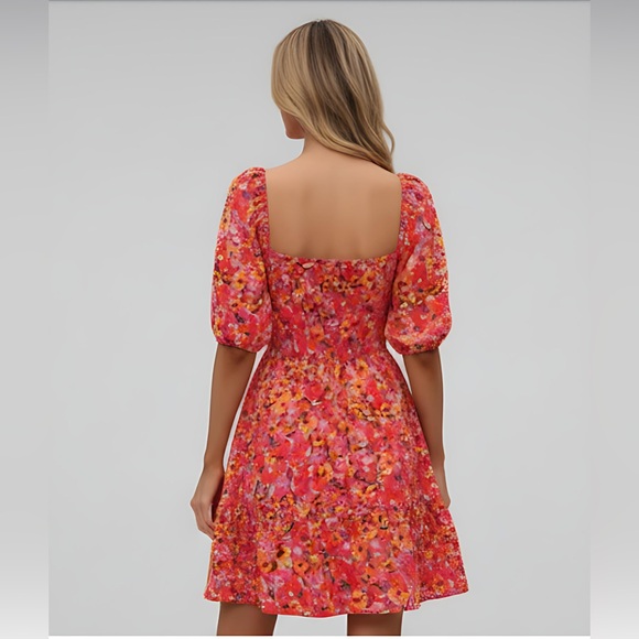 Shirred Floral Print Square Neck Puff Sleeve Dress - Picture 4 of 7